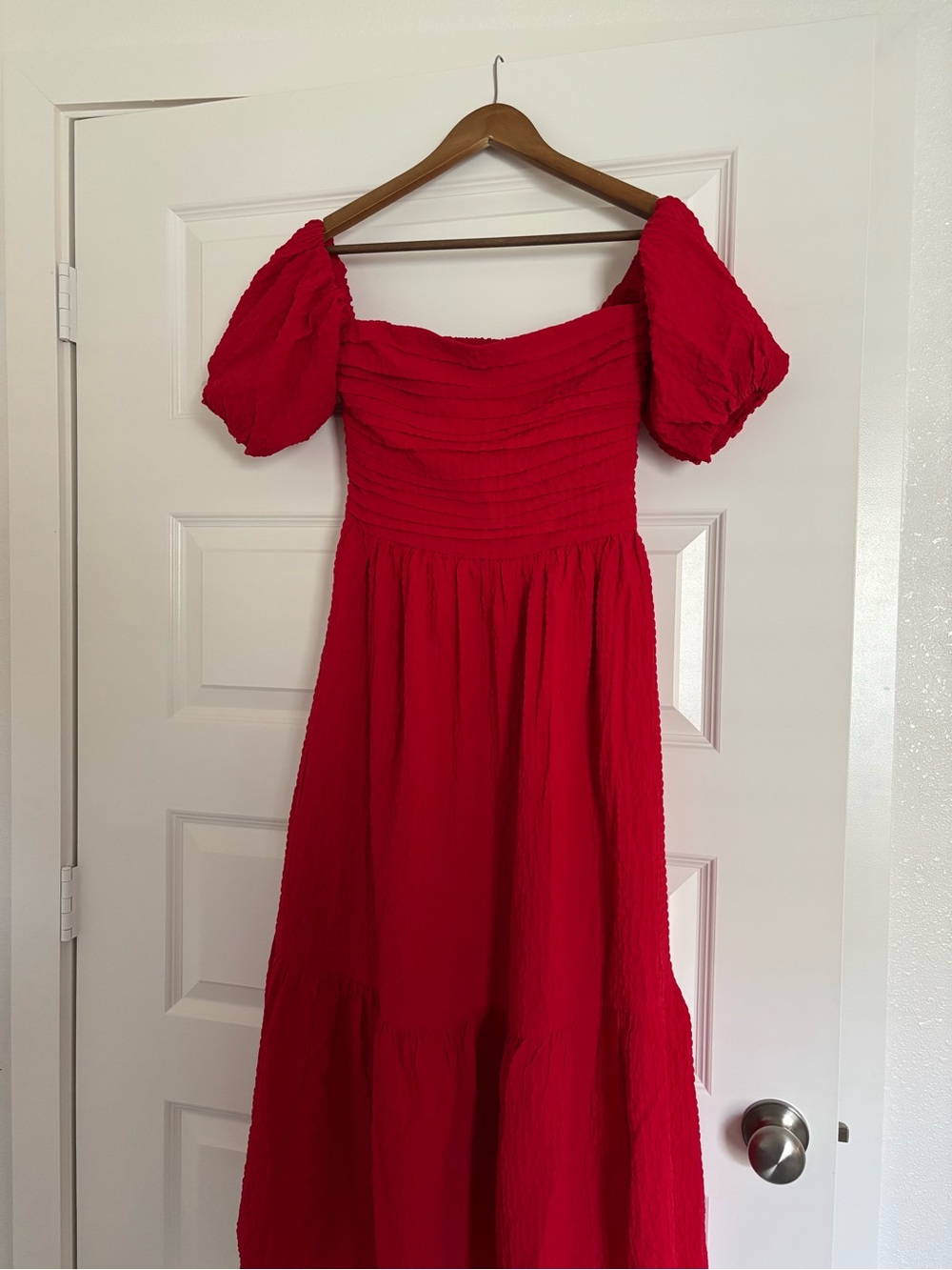 Abercrombie & Fitch Emerson Red Off-the-Shoulder Puff Sleeve Midi Dress